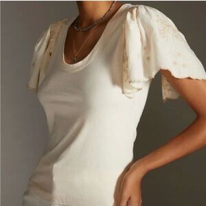 Anthropologie Cream Flutter Sleeve Blouse